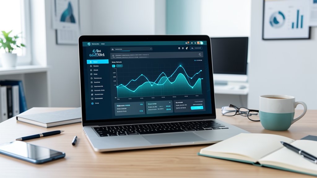AI search optimization concept showing modern digital marketing workspace with laptop displaying AI interface, analytics graphs and SEO tools