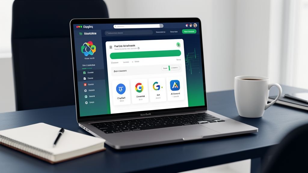 AI search optimization modern workspace with laptop showing ChatGPT and Google AI Overview interface